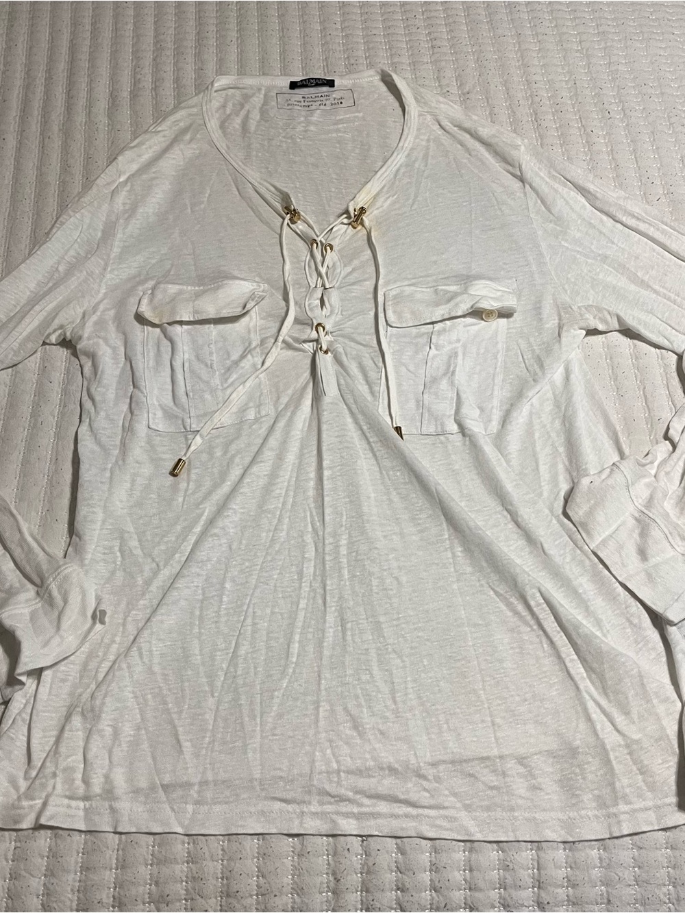 Balmain White Lace-Up Pocket Long Sleeve Tunic Top
